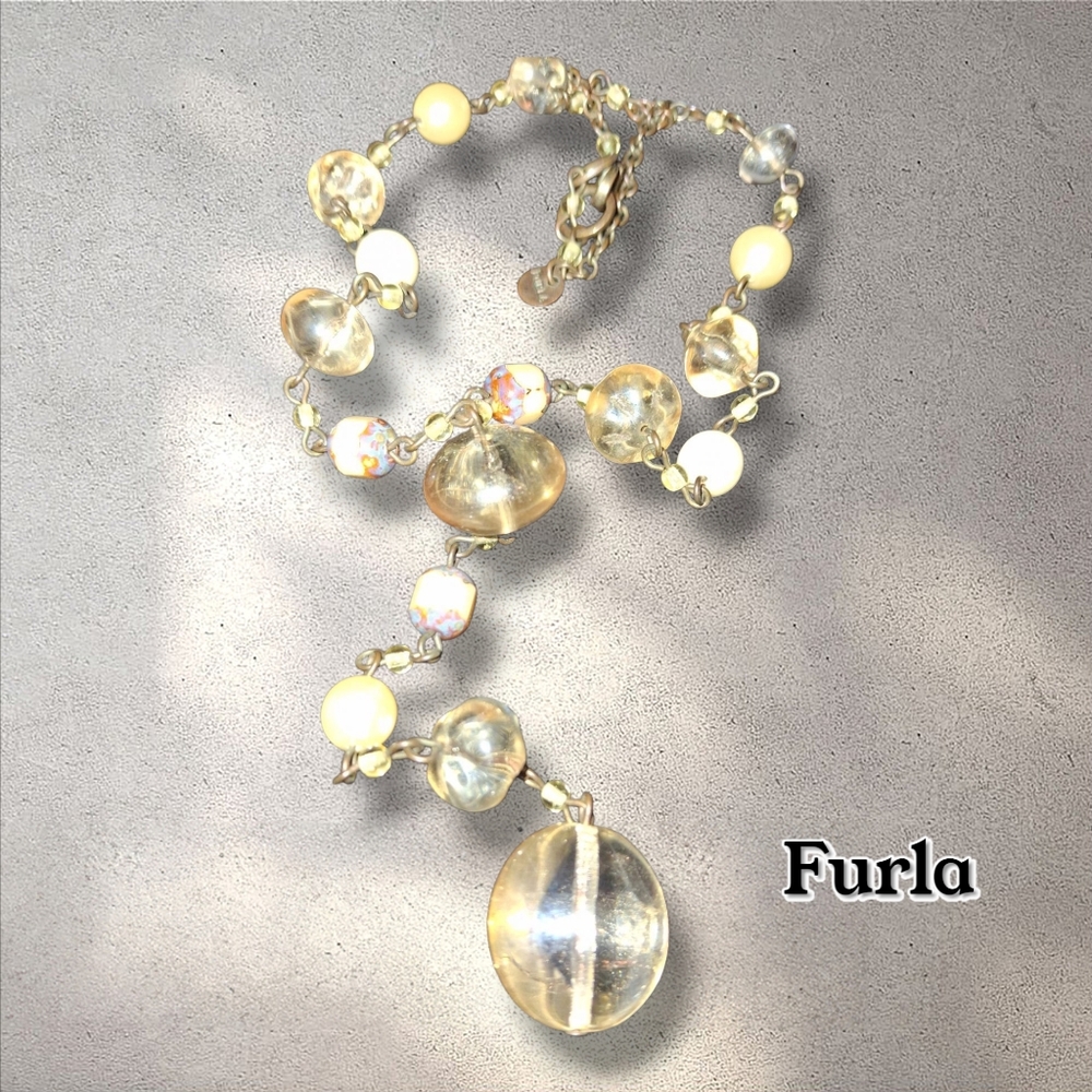 FURLA Vintage Beaded Y Station Necklace. Pearl. Ceramic. Glass. Signed